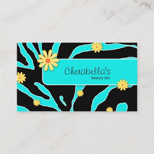 Daisy Flower Business Card Zebra Blue YB (Front)