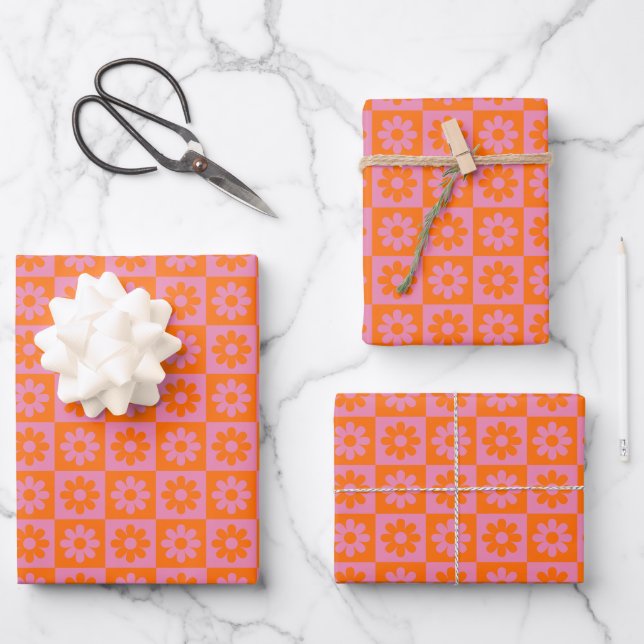Daisy Flower Chequered Pattern Pink & Orange Wrapping Paper Sheet (Front)