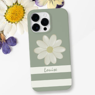 Daisy Flower Cream Stripes Sage Green Name iPhone 15 Pro Max Case