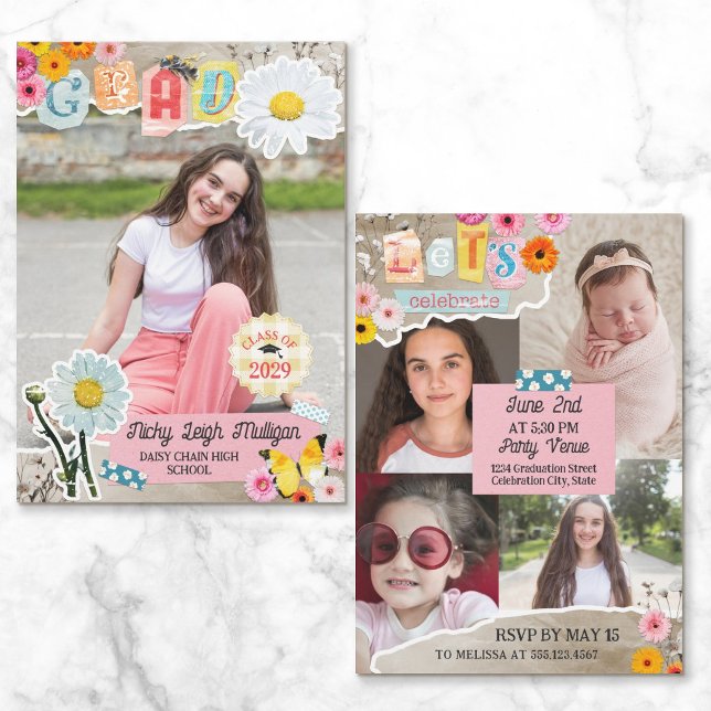 Daisy Flower Cutouts Scrapbook Collage Graduation Invitation (Creator Uploaded)
