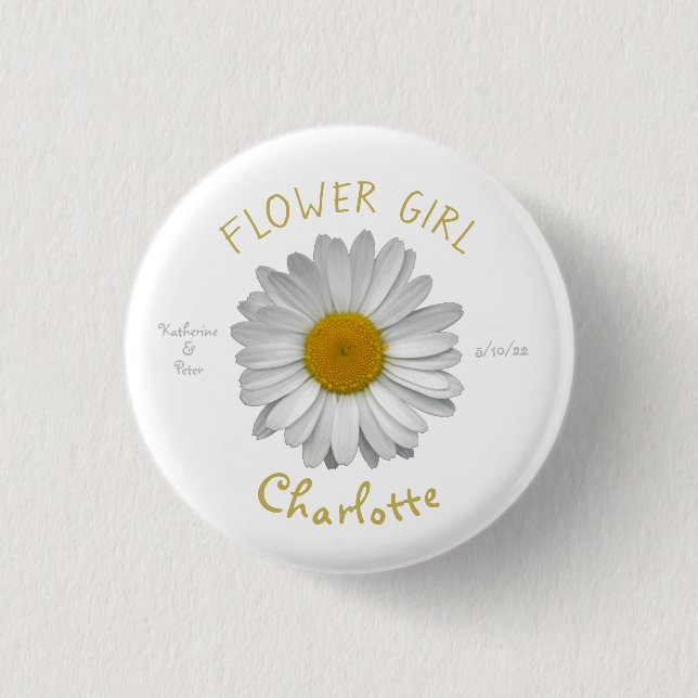 Daisy Flower Gold Name Flower Girl Button (Front)