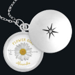 Daisy Flower Gold Name Flower Girl Favour Locket Necklace<br><div class="desc">Simple head flower of a daisy on white background,  symbol of plainness,  innocence,  sincerity,  honesty. Custom names and date in gold and grey colours,  perfect wedding favour gift for a flower girl.</div>
