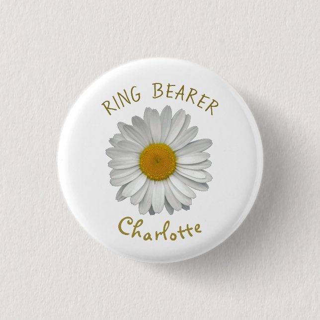 Daisy Flower Gold Name Ring Bearer 1 Inch Round Button (Front)