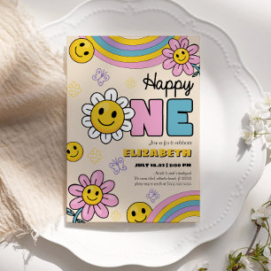 Daisy Flower Groovy First Birthday Invitation Card