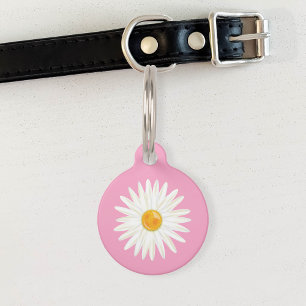 Daisy Flower Illustrated On Pink With Dog's Info Pet Tag