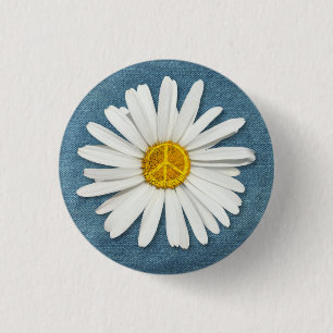 Daisy Flower Inner Peace Symbol Sign - Denim Jeans 1 Inch Round Button