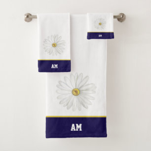 Daisy Flower & monogram on navy blue & white bath Bath Towel Set