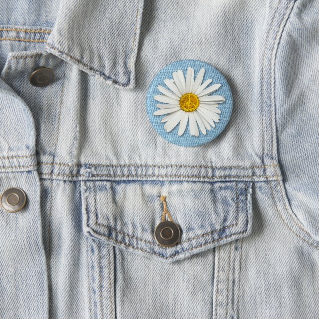 Daisy Flower No War Peace Symbol Sign - Pale Denim 2 Inch Round Button (In Situ)