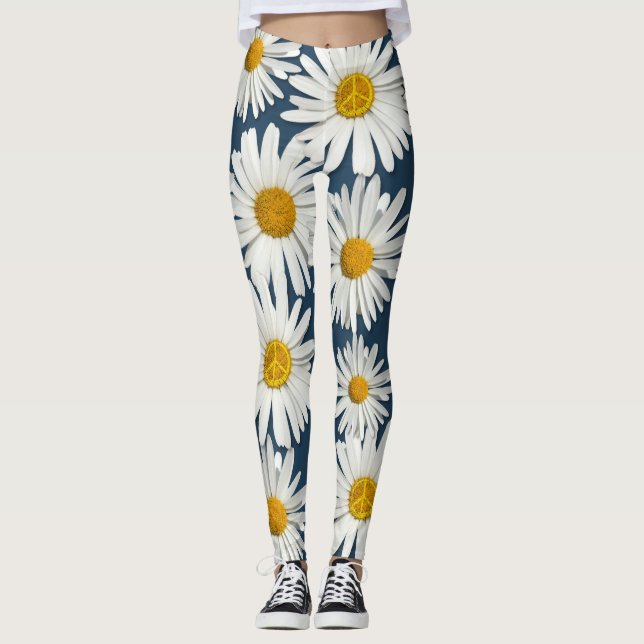 Daisy Flower of Inner Peace Symbol Sign Hippie Leggings (Front)