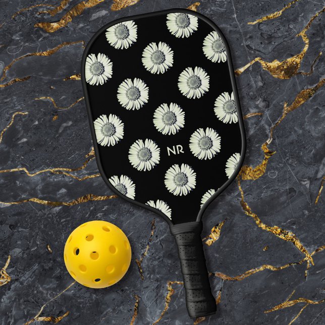Daisy Flower Pattern Cute Girly Trendy White Black Pickleball Paddle (Creator Uploaded)
