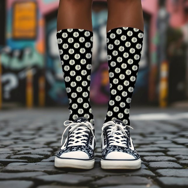 Daisy Flower Pattern Cute Girly Trendy White Black Socks (Creator Uploaded)