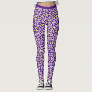 Daisy Flower Pattern On Trendy Purple Background Leggings