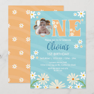 Daisy Flower Photo One Girl daisy 1st Birthday Invitation