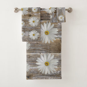 Daisy Flower Rustic Barn Board Bath Towel Set