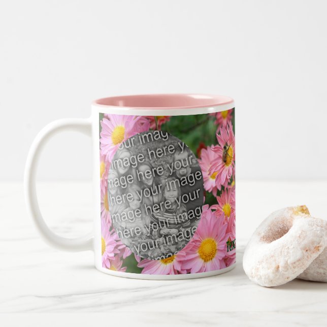 Daisy Flowers And Bumble Bee Frame Add Your Photo Two-Tone Coffee Mug (With Donut)