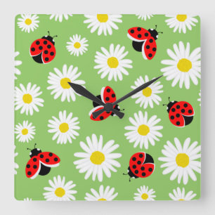 Daisy flowers and ladybirds square wall clock