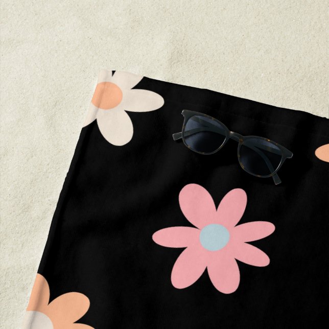 Daisy Flowers Black Boho Floral Beach Towel (In Situ)