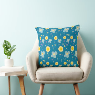 Daisy Flowers Blue Cream Yellow Purple Kingfisher Throw Pillow
