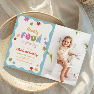 Daisy Flowers Colourful 4th Birthday Party Photo Invitation