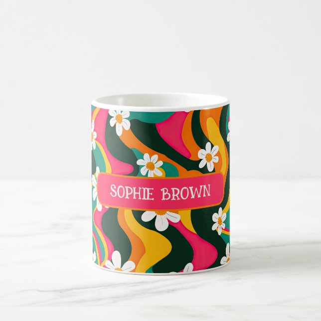 Daisy Flowers Colourful Retro Pattern with Name Coffee Mug (Center)
