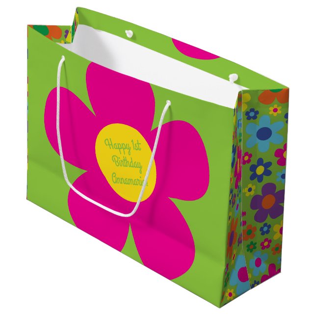 Daisy Flowers Cute Colourful 1st Birthday Party Large Gift Bag (Front Angled)