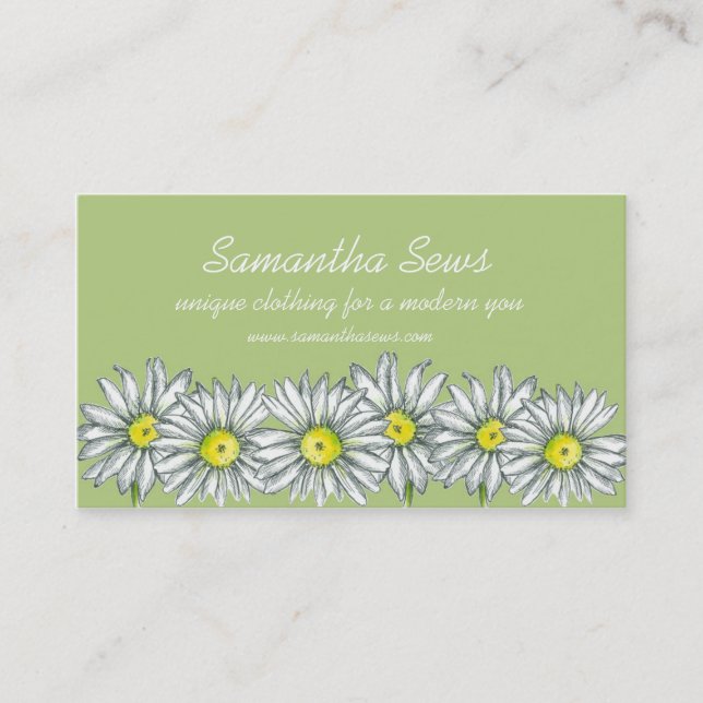 Daisy Flowers Drawing Celery Green Business Card (Front)