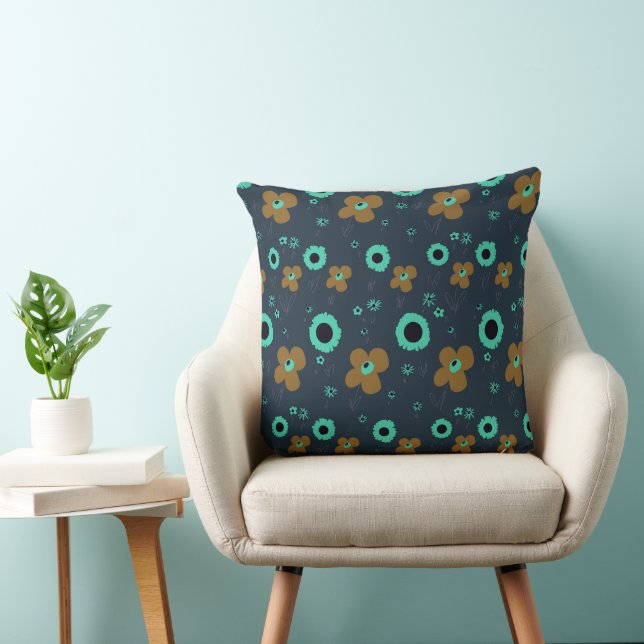 Daisy Flowers Dusty Orange Turquoise Dark Teal Throw Pillow (Chair)