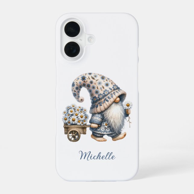 Daisy Flowers Gnome Personalized Monogram iPhone 16 Case (Back)