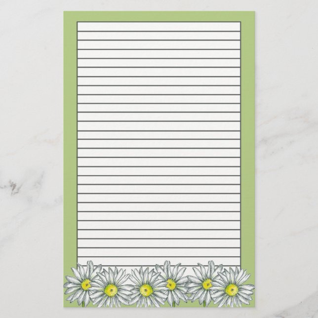 Daisy Flowers Green Floral Drawing Lined Stationery (Front)