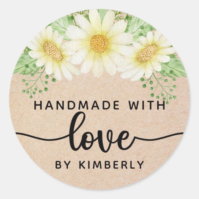 Daisy Flowers Handmade with Love Classic Round Sticker (Front)
