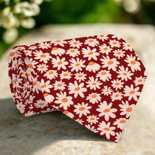 Daisy Flowers Illustration Red Pattern Wedding Tie