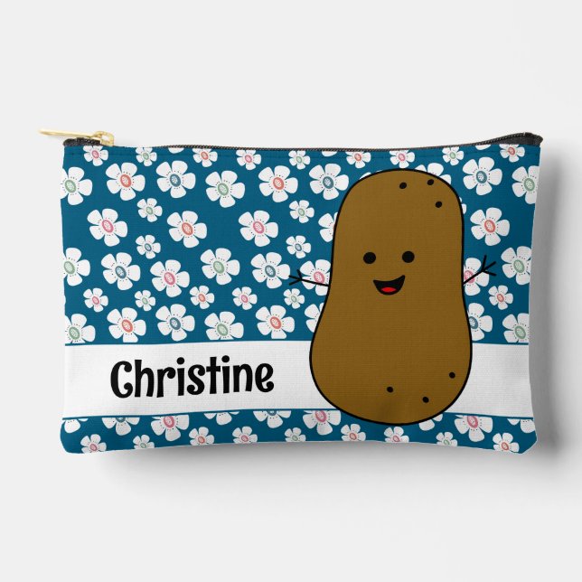 Daisy Flowers Ocean Blue Brown Potato Custom Accessory Pouch (Front)