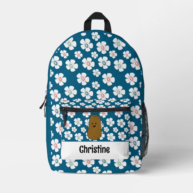 Daisy Flowers Ocean Blue Brown Potato Custom Printed Backpack (Front)