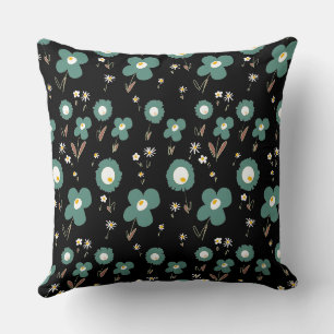 Daisy Flowers Pastel Sage White Yellow Black Throw Pillow