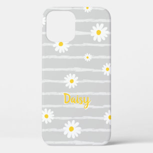 Daisy Flowers Pattern Grey Striped Personalized iPhone 12 Case