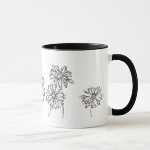 Daisy Flowers Pen and Ink Drawing Black Mug