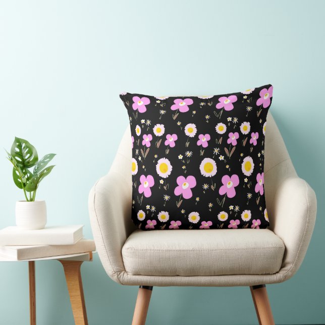 Daisy Flowers Pink Yellow Black  Throw Pillow (Chair)