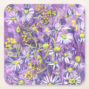 Daisy Flowers Polka Dot Summer Flowers Floral Art Square Paper Coaster