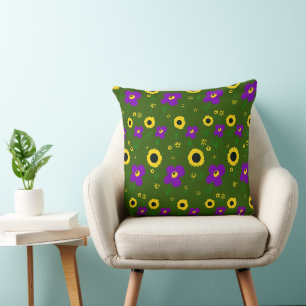 Daisy Flowers Purple Yellow Black Green Throw Pillow