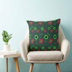 Daisy Flowers Red Green Black Throw Pillow
