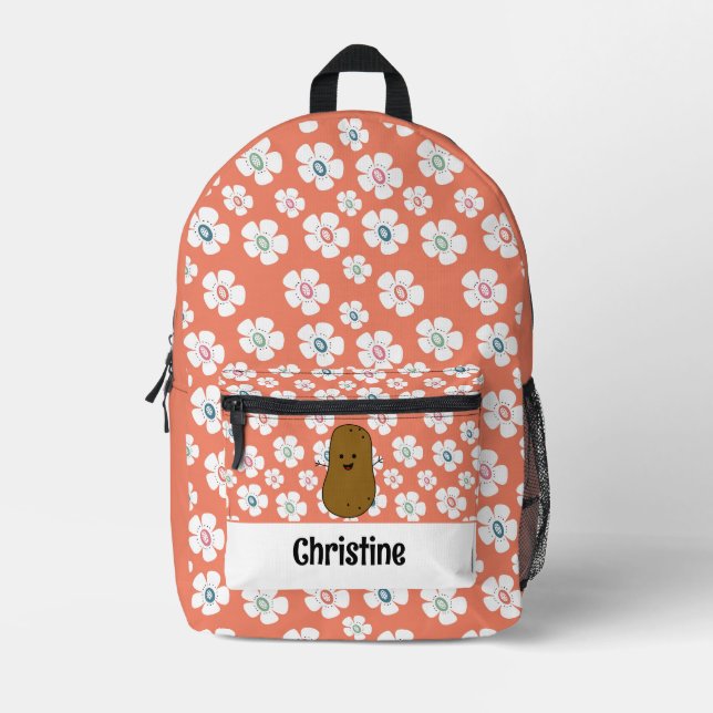 Daisy Flowers Salmon Pink Brown Potato Custom Printed Backpack (Front)