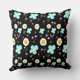 Daisy Flowers Turquoise White Pink Black Throw Pillow