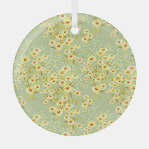 Daisy Flowers: Watercolor Dark Seamless. Glass Ornament