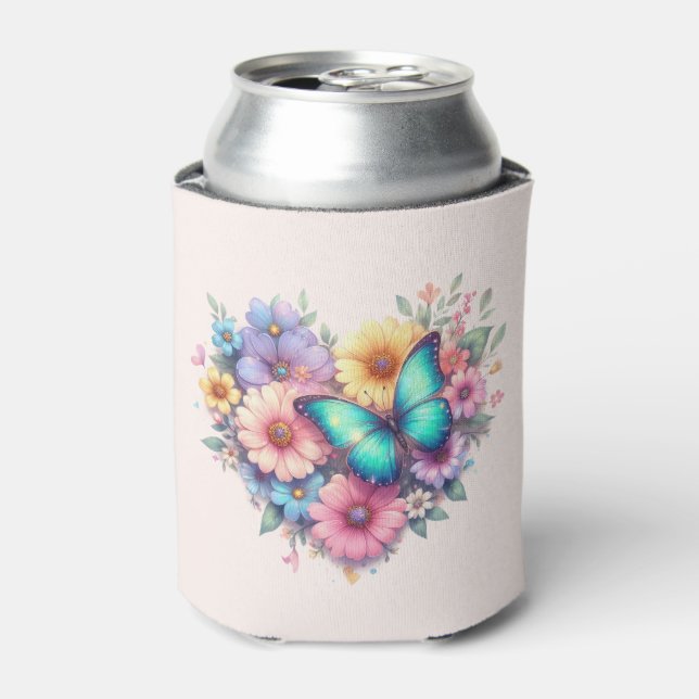 Daisy Flowers with a Beautiful Butterfly Can Cooler (Can Front)