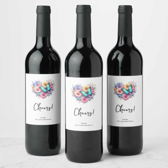 Daisy Flowers with a Beautiful Butterfly Cheers Wine Label (Bottles)
