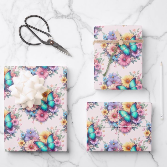 Daisy Flowers with a Beautiful Butterfly Pattern Wrapping Paper Sheet (Front)