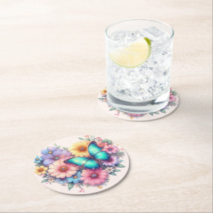 Daisy Flowers with a Beautiful Butterfly Round Paper Coaster