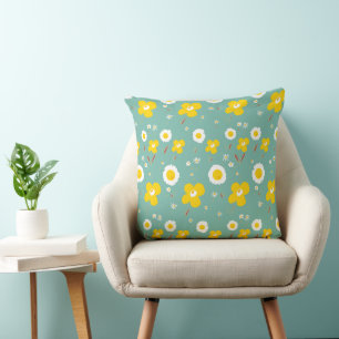 Daisy Flowers Yellow White On Teal Green  Throw Pillow