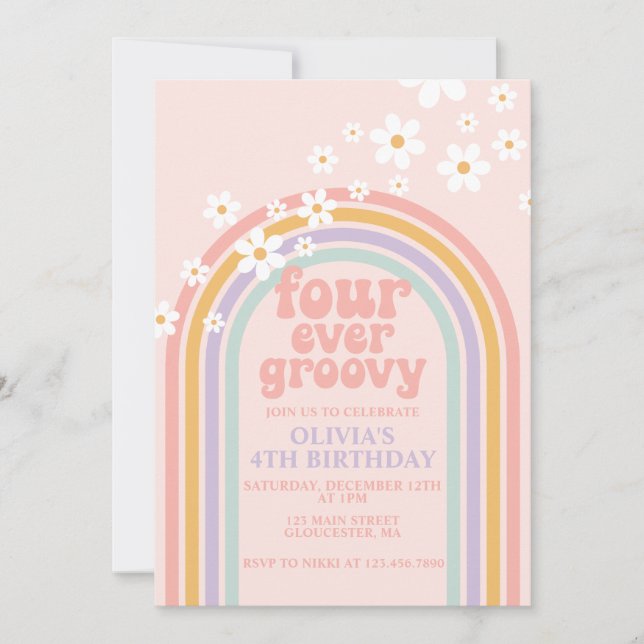 Daisy Four Ever Groovy Pastel rainbow 4th birthday Invitation (Front)