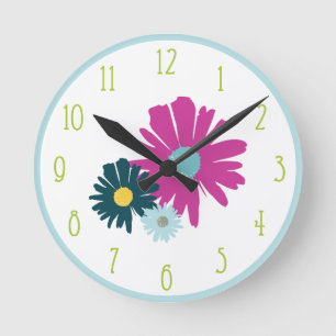 Daisy Garden Botanical Wildflower Light Blue Round Clock